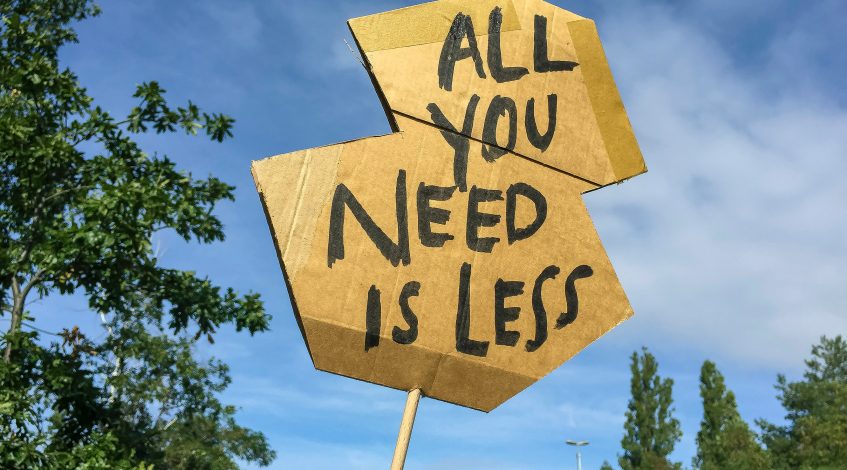Image of a protest banner 'All You Need Is Less'